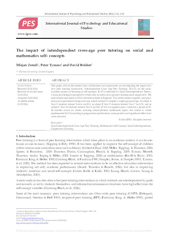 The impact of interdependent cross-age peer tutoring on social and mathematics self- concepts Thumbnail