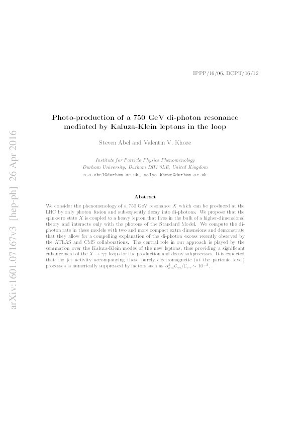 Photo-production of a 750 GeV di-photon resonance mediated by Kaluza-Klein leptons in the loop Thumbnail