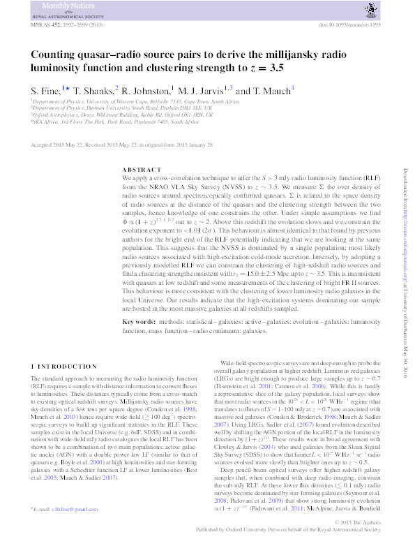 Counting quasar–radio source pairs to derive the millijansky radio luminosity function and clustering strength to z = 3.5 Thumbnail