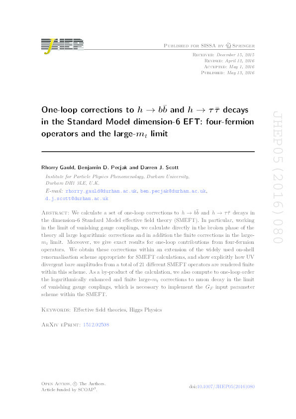 One-loop corrections to h → bb¯ and h → ττ¯ decays in the Standard Model dimension-6 EFT: four-fermion operators and the large-m t limit Thumbnail
