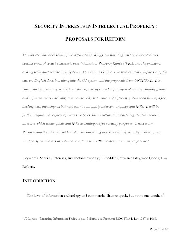 Security interests in intellectual property: proposals for reform Thumbnail