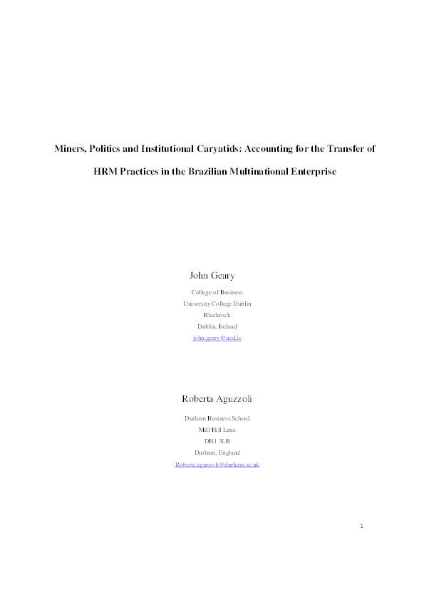 Miners, politics and institutional caryatids: Accounting for the transfer of HRM practices in the Brazilian multinational enterprise Thumbnail