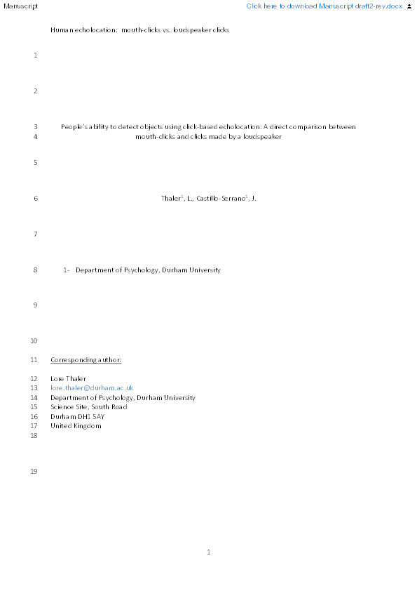 People's ability to detect objects using click-based echolocation: A direct comparison between mouth-clicks and clicks made by a loudspeaker Thumbnail