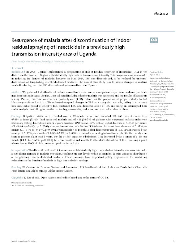 Resurgence of malaria after discontinuation of indoor residual spraying of insecticide in a previously high transmission intensity area of Uganda Thumbnail