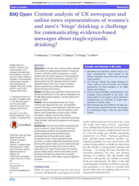 Content analysis of UK newspaper and online news representations of women's and men's ‘binge’ drinking: a challenge for communicating evidence-based messages about single-episodic drinking? Thumbnail