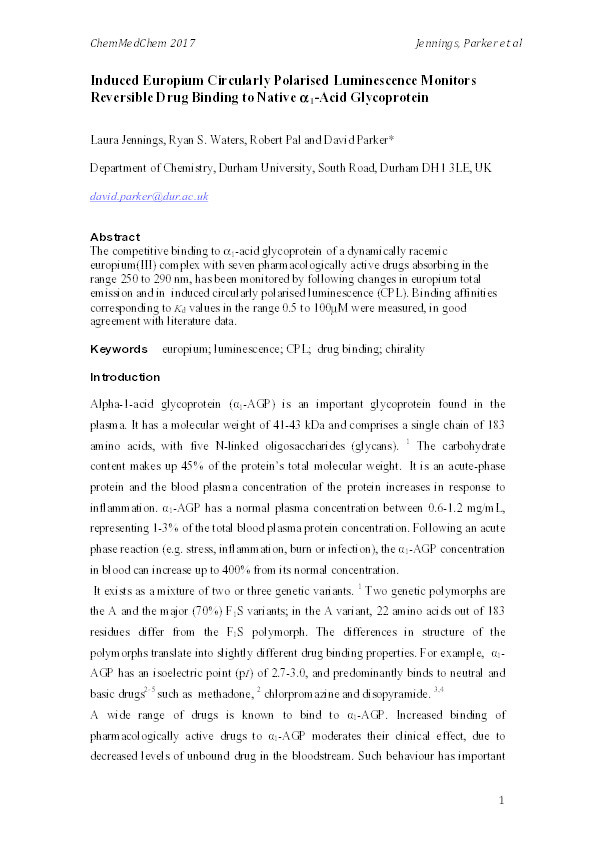 Induced Europium Circularly Polarised Luminescence Monitors Reversible Drug Binding to Native α1-Acid Glycoprotein Thumbnail