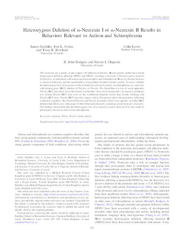 Heterozygous deletion of α-neurexin I or α-neurexin II results in behaviors relevant to autism and schizophrenia Thumbnail