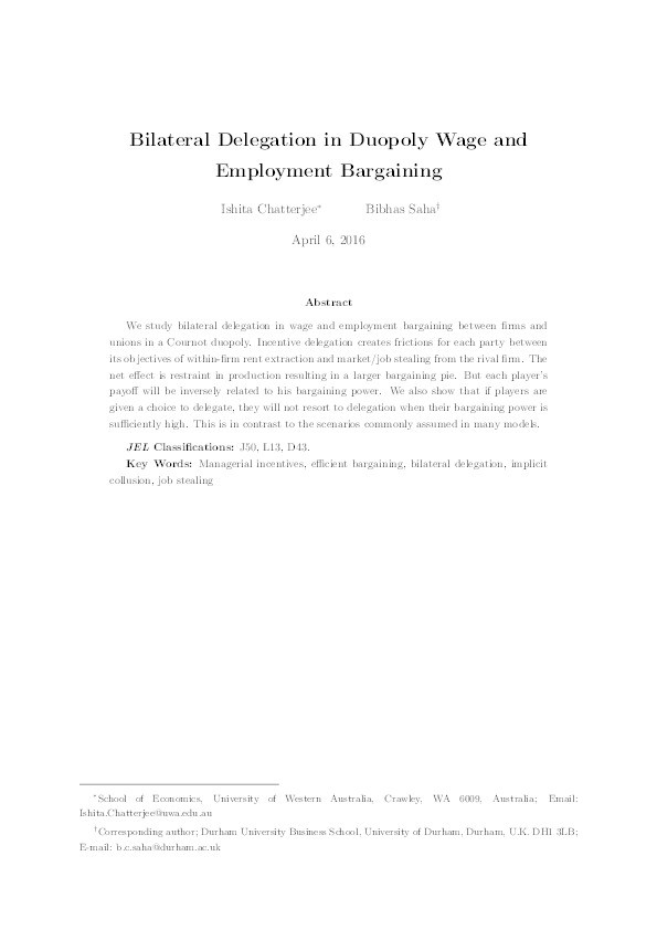 Bilateral delegation in duopoly wage and employment bargaining Thumbnail