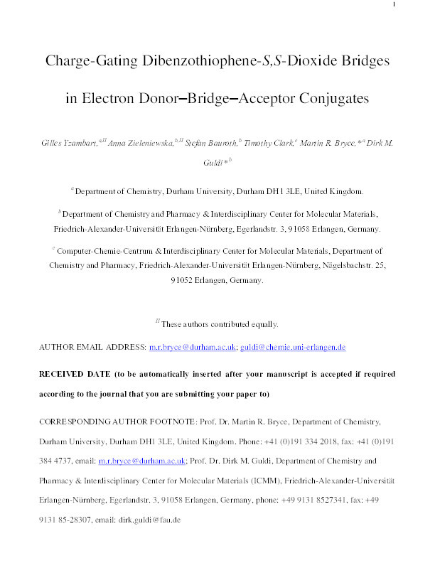Charge-Gating Dibenzothiophene-S,S-dioxide Bridges in Electron Donor–Bridge–Acceptor Conjugates Thumbnail