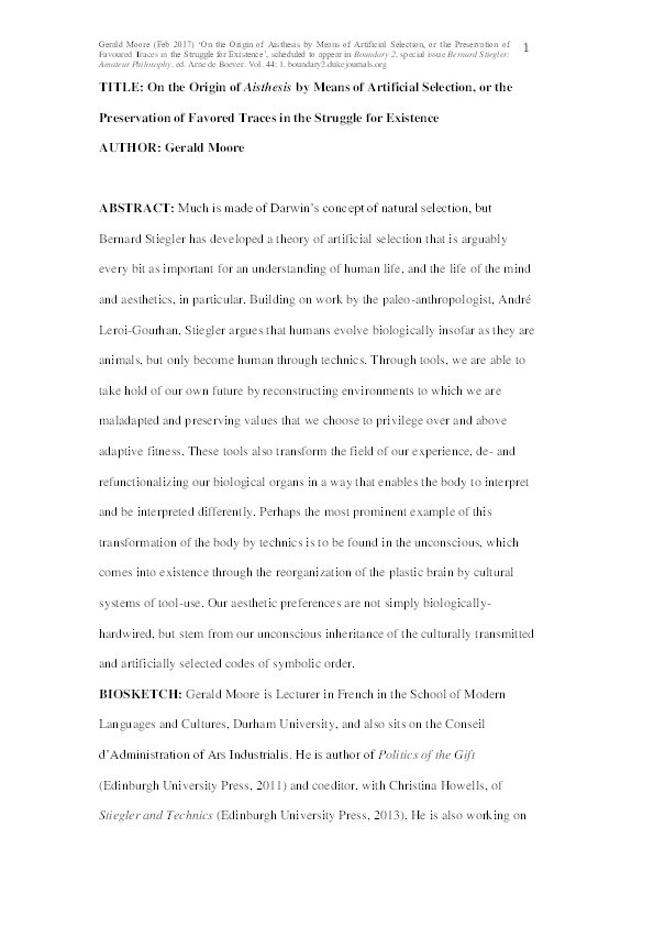 On the Origin of Aisthesis by Means of Artificial Selection; or, the Preservation of Favored Traces in the Struggle for Existence Thumbnail