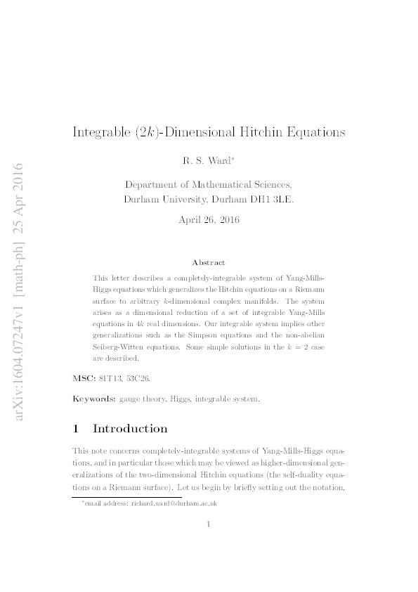 Integrable (2k)-Dimensional Hitchin Equations Thumbnail