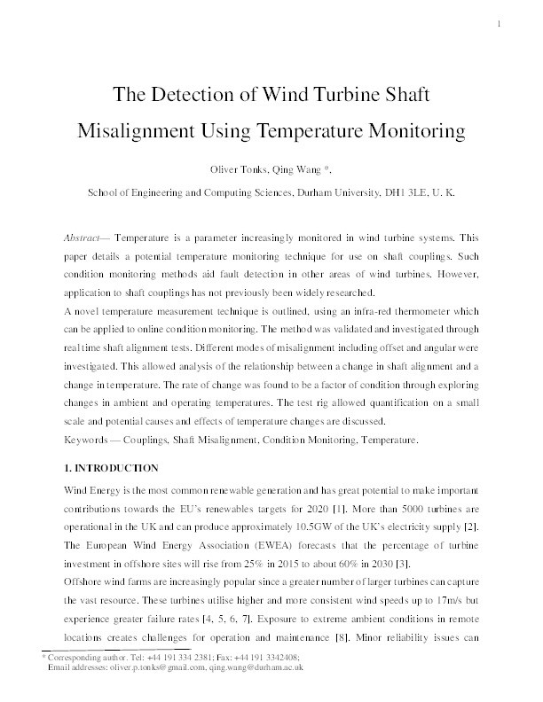 The detection of wind turbine shaft misalignment using temperature monitoring Thumbnail