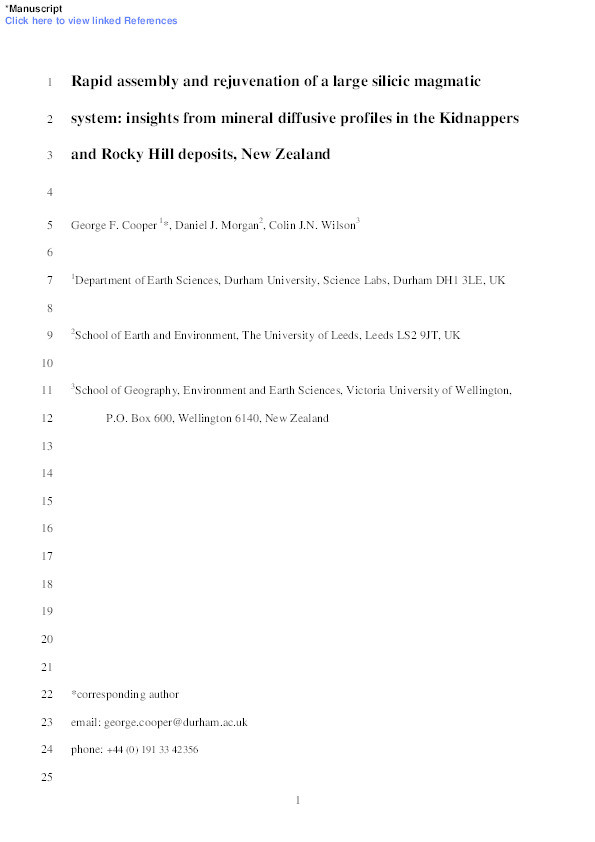 Rapid assembly and rejuvenation of a large silicic magmatic system: Insights from mineral diffusive profiles in the Kidnappers and Rocky Hill deposits, New Zealand Thumbnail