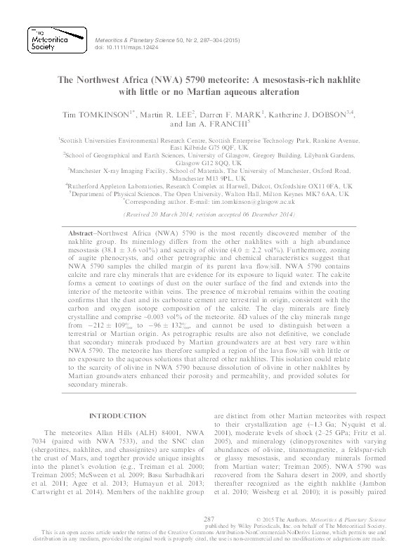 The Northwest Africa (NWA) 5790 meteorite: A mesostasis-rich nakhlite with little or no Martian aqueous alteration Thumbnail