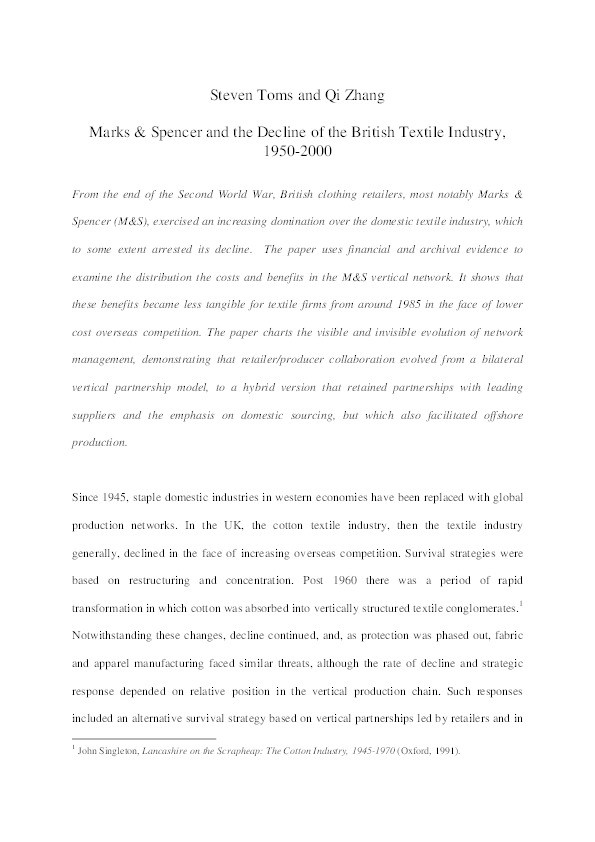 Marks & Spencer and the Decline of the British Textile Industry, 1950-2000 Thumbnail