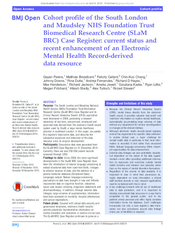Cohort profile of the South London and Maudsley NHS Foundation Trust Biomedical Research Centre (SLaM BRC) Case Register: current status and recent enhancement of an Electronic Mental Health Record-derived data resource Thumbnail