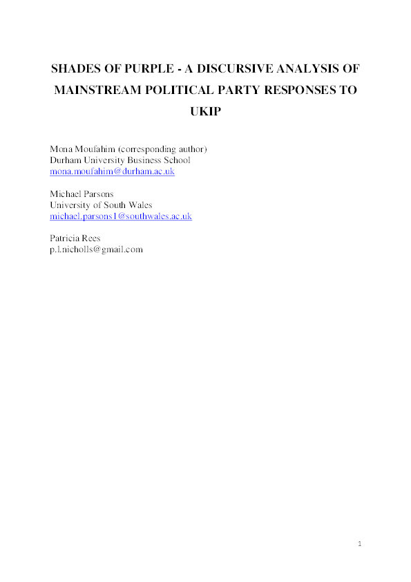 Shades of purple: A Discursive Analysis of Mainstream Political Party Responses to UKIP Thumbnail