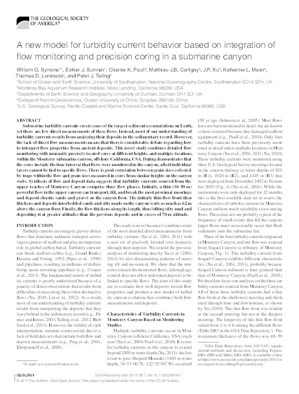 A new model for turbidity current behavior based on integration of flow monitoring and precision coring in a submarine canyon Thumbnail