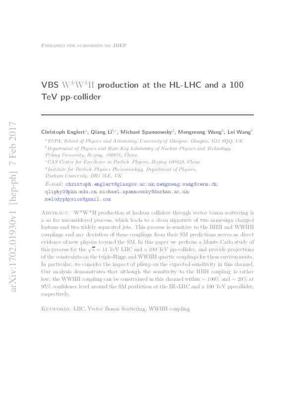 VBS W±W±H production at the HL-LHC and a 100 TeV pp-collider Thumbnail