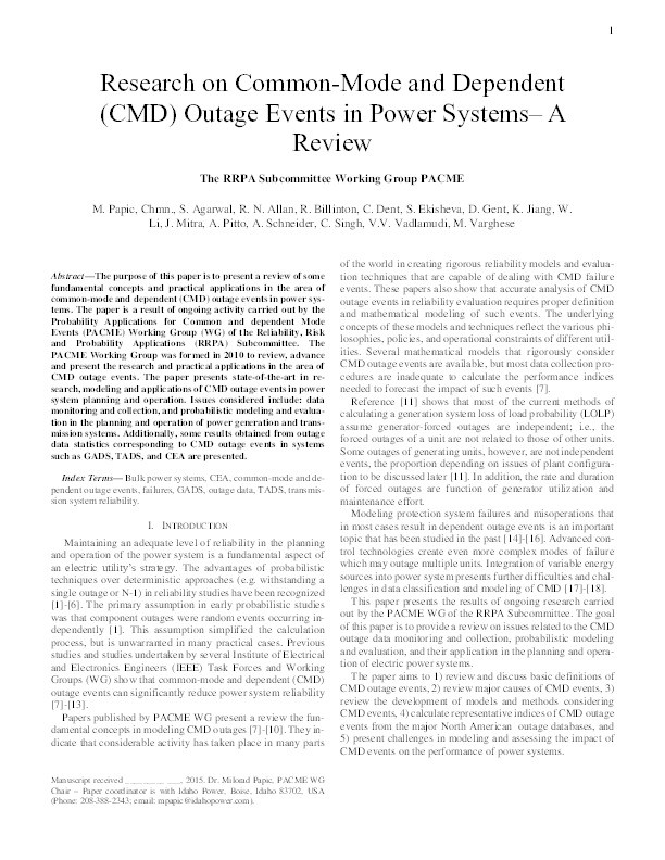 Research on Common-Mode and Dependent (CMD) Outage Events in Power Systems: A Review Thumbnail