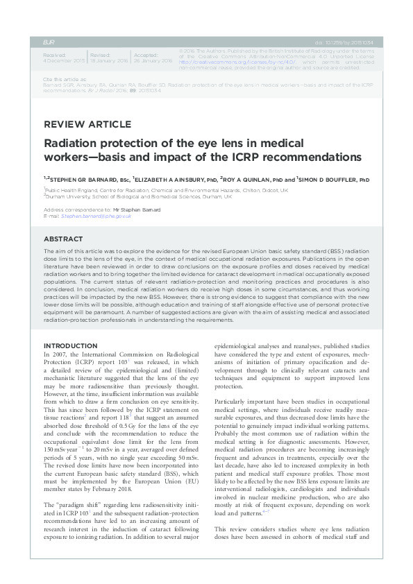 Radiation protection of the eye lens in medical workers—basis and impact of the ICRP recommendations Thumbnail