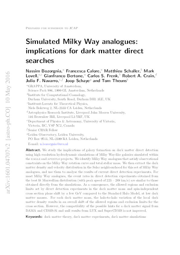 Simulated Milky Way analogues: implications for dark matter direct searches Thumbnail