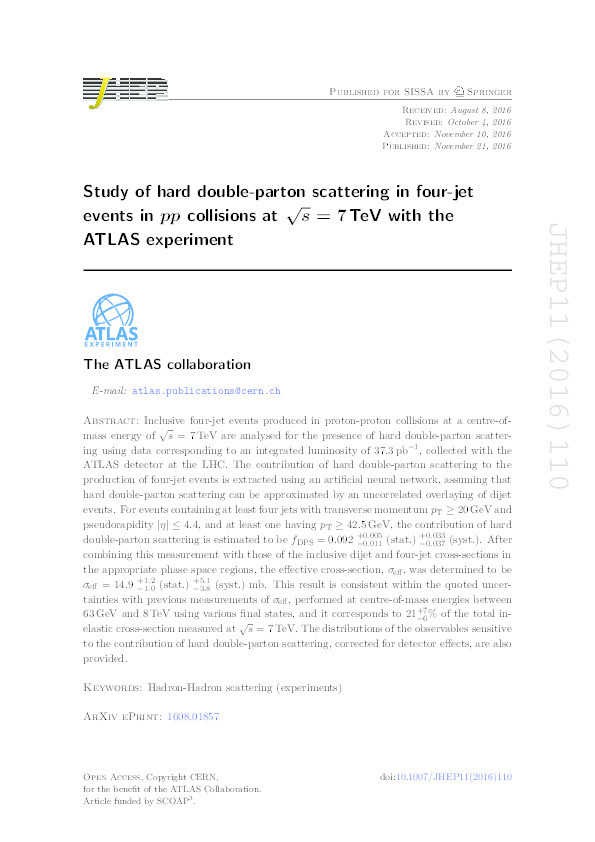 Study of hard double-parton scattering in four-jet events in pp collisions at sqrt{s}=7 TeV with the ATLAS experiment Thumbnail
