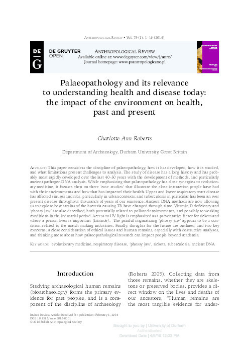 Palaeopathology and its relevance to understanding health and disease today: the impact of the environment on health, past and present Thumbnail