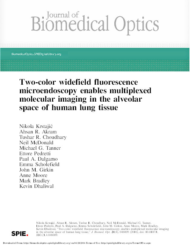 Two-color widefield fluorescence microendoscopy enables multiplexed molecular imaging in the alveolar space of human lung tissue Thumbnail