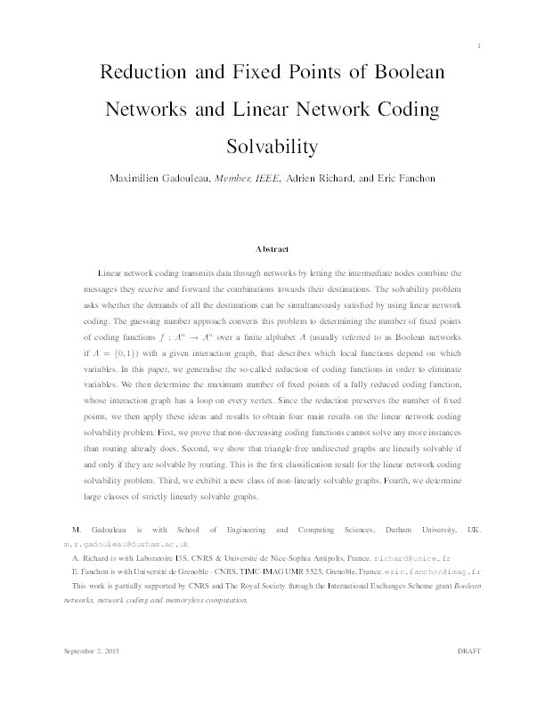Reduction and Fixed Points of Boolean Networks and Linear Network Coding Solvability Thumbnail
