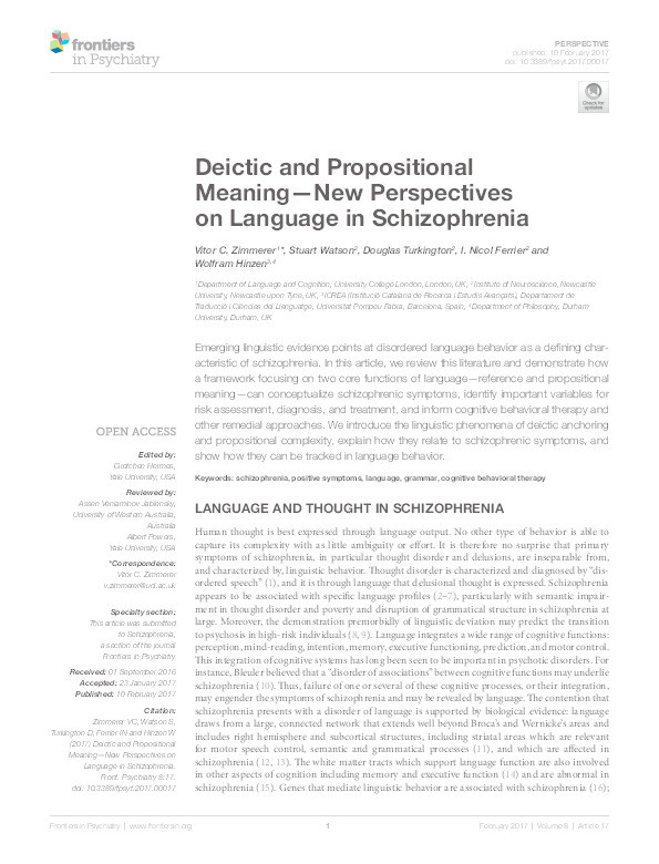 Deictic and propositional meaning - new perspectives on language in schizophrenia Thumbnail