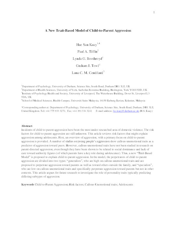 A New Trait-Based Model of Child-to-Parent Aggression Thumbnail