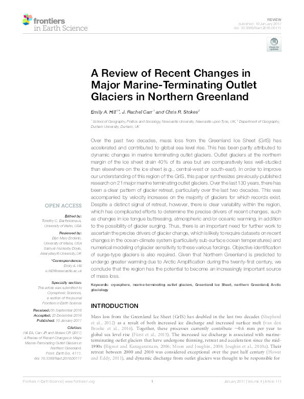 A review of recent changes in major marine-terminating outlet glaciers in northern Greenland Thumbnail