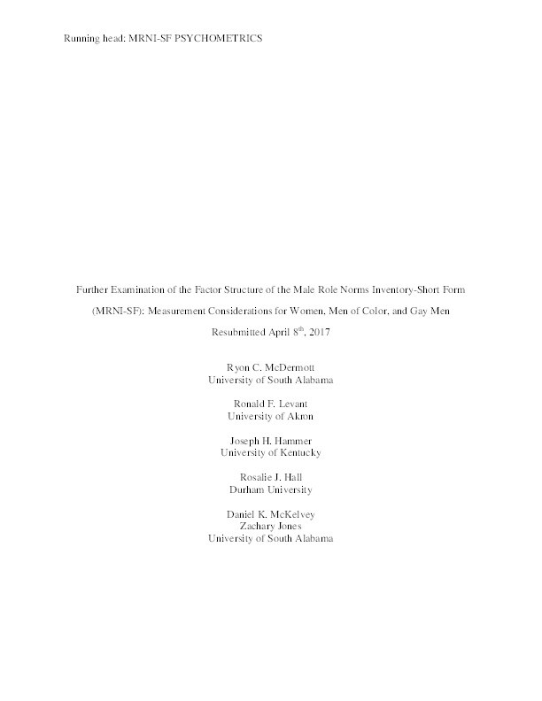 Further Examination of the Factor Structure of the Male Role Norms Inventory-Short Form (MRNI-SF): Measurement Considerations for Women, Men of Color, and Gay Men Thumbnail