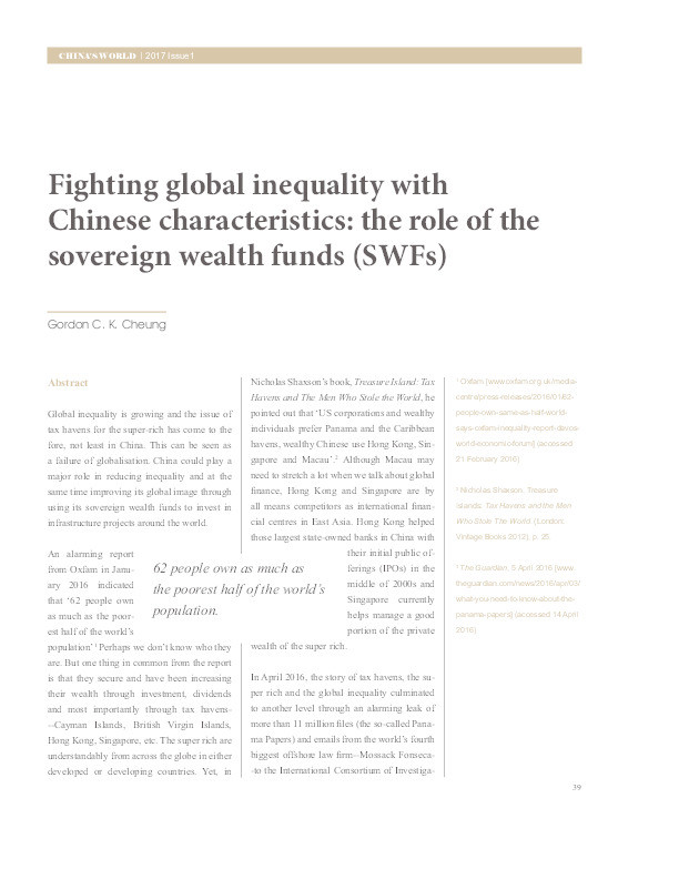 Fighting Global Inequality with Chinese Characteristics: The Role of the Sovereign Wealth Funds (SWFs) Thumbnail