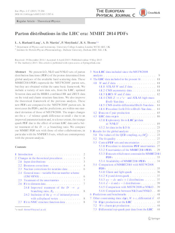 Parton distributions in the LHC era: MMHT 2014 PDFs Thumbnail