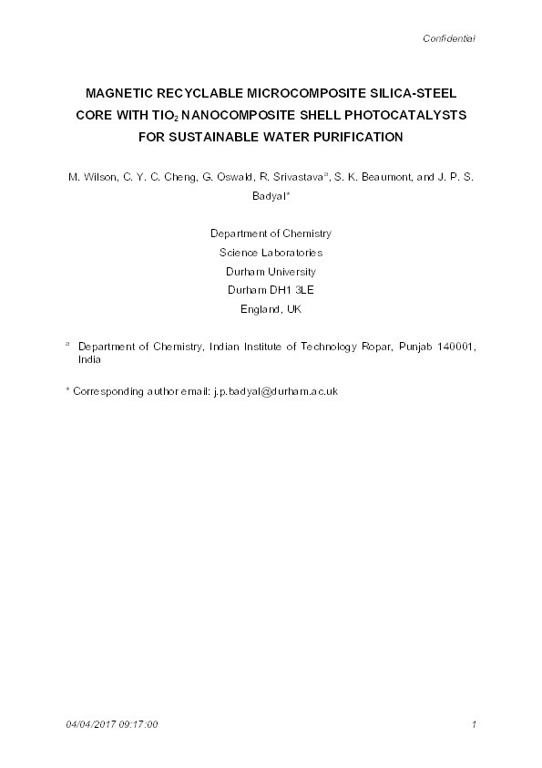 Magnetic recyclable microcomposite silica-steel core with TiO₂ nanocomposite shell photocatalysts for sustainable water purification Thumbnail