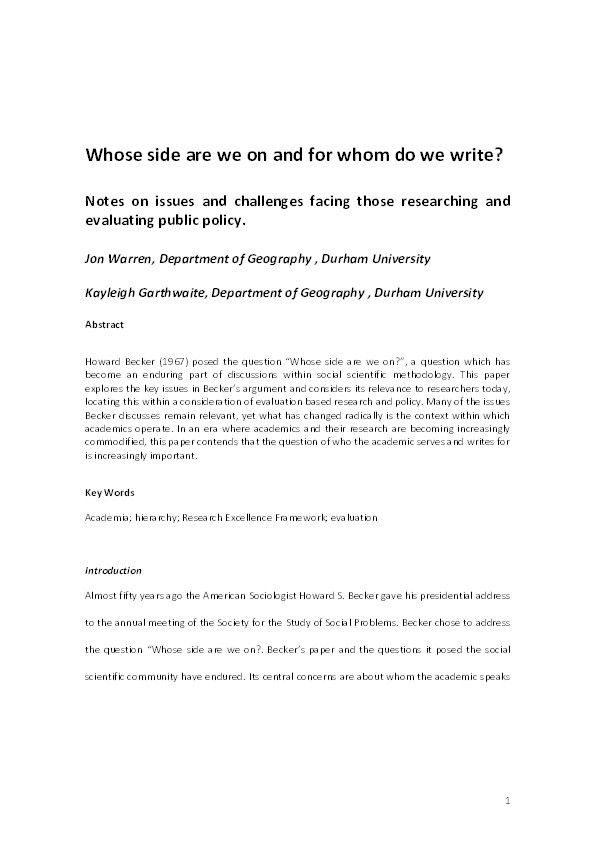 Whose side are we on and for whom do we write? Notes on issues and challenges facing those researching and evaluating public policy Thumbnail