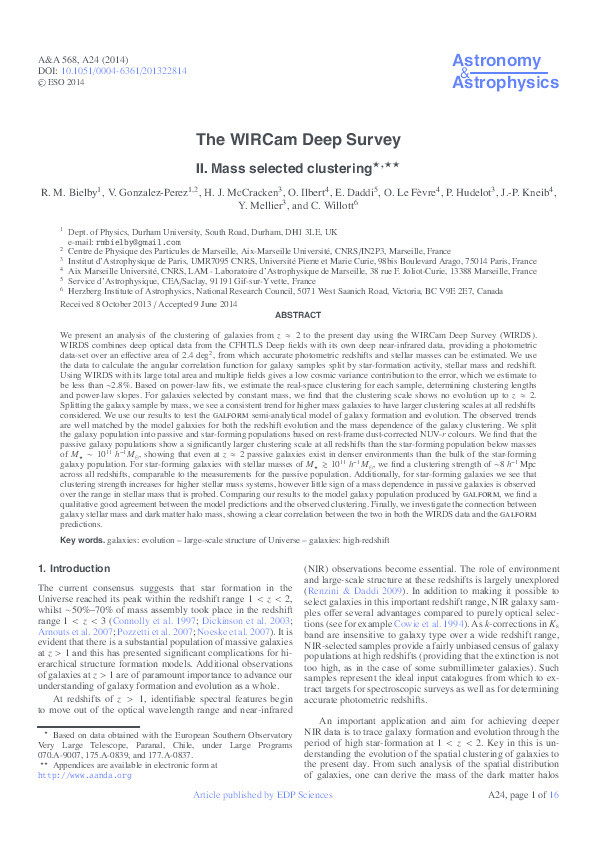 The WIRCam Deep Survey. II. Mass selected clustering Thumbnail