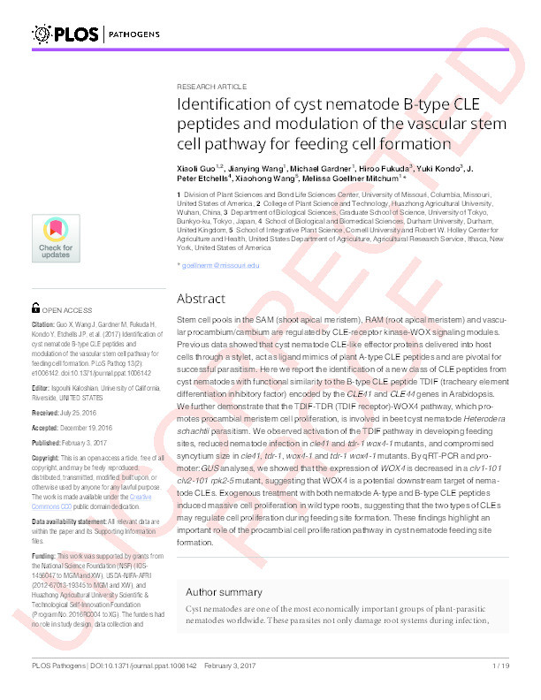 Identification of cyst nematode B-type CLE peptides and modulation of the vascular stem cell pathway for feeding cell formation Thumbnail
