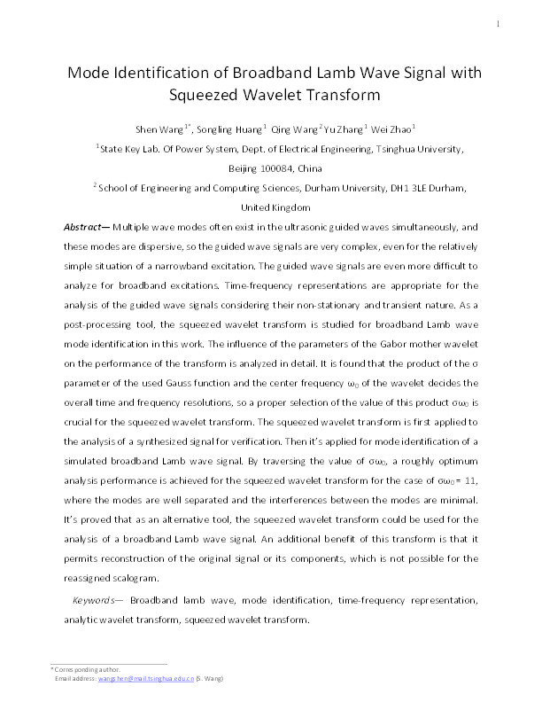 Mode identification of broadband lamb wave signal with squeezed wavelet transform Thumbnail