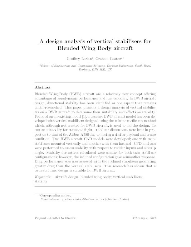 A design analysis of vertical stabilisers for Blended Wing Body aircraft Thumbnail