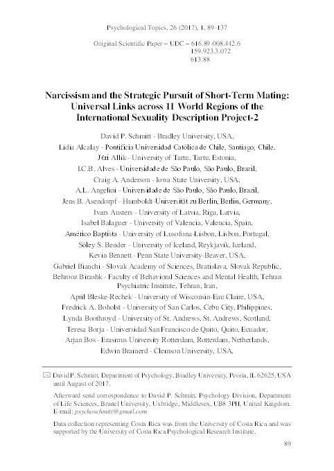 Narcissism and the Strategic Pursuit of Short-Term Mating: Universal Links across 11 World Regions of the International Sexuality Description Project-2 Thumbnail