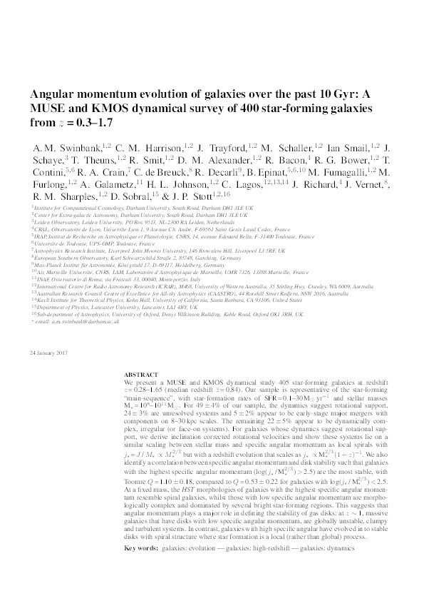 Angular momentum evolution of galaxies over the past 10 Gyr: a MUSE and KMOS dynamical survey of 400 star-forming galaxies from z = 0.3 to 1.7 Thumbnail