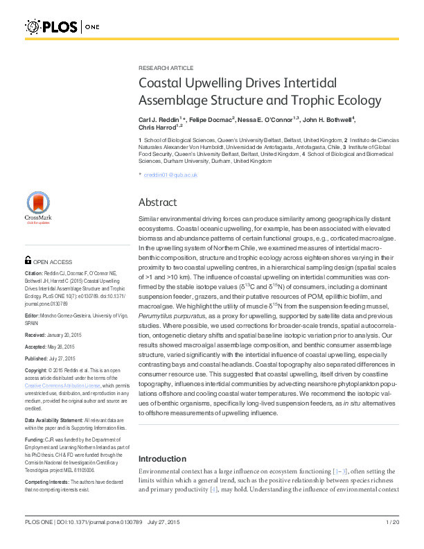 Coastal Upwelling Drives Intertidal Assemblage Structure and Trophic Ecology Thumbnail