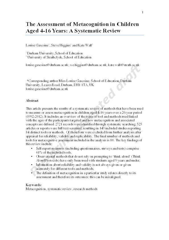 The Assessment of Metacognition in Children Aged 4–16 years: A Systematic Review Thumbnail