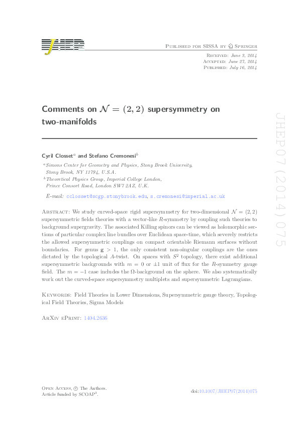 Comments on N = (2, 2) supersymmetry on two-manifolds Thumbnail