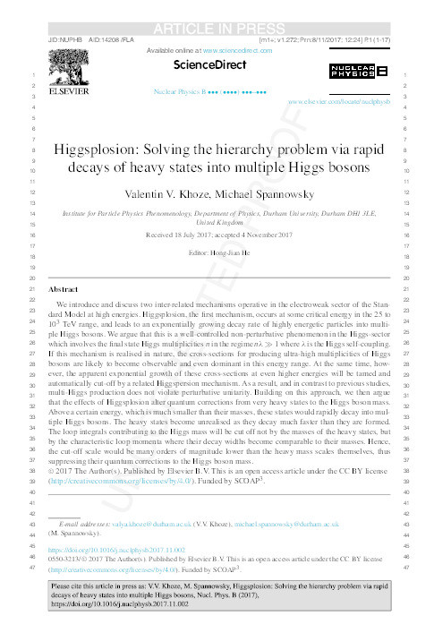 Higgsplosion: Solving the hierarchy problem via rapid decays of heavy states into multiple Higgs bosons Thumbnail