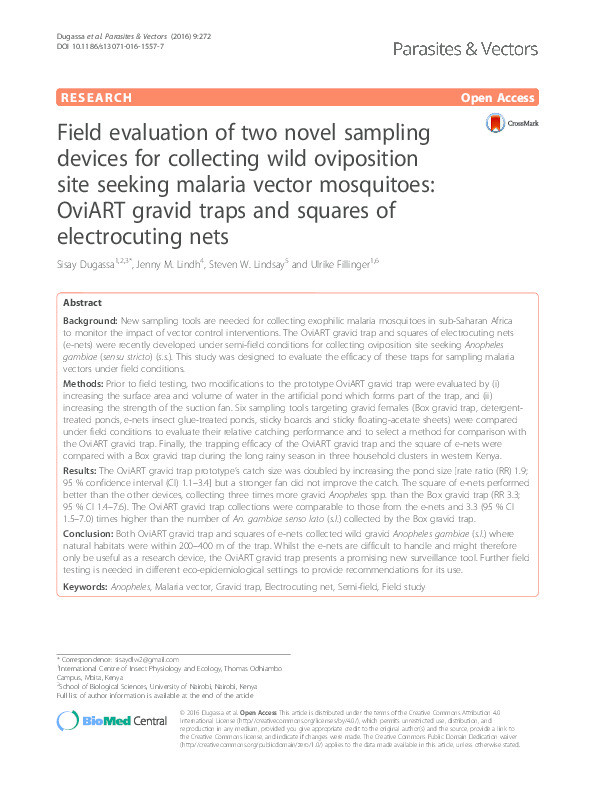 Field evaluation of two novel sampling devices for collecting wild oviposition site seeking malaria vector mosquitoes: OviART gravid traps and squares of electrocuting nets Thumbnail