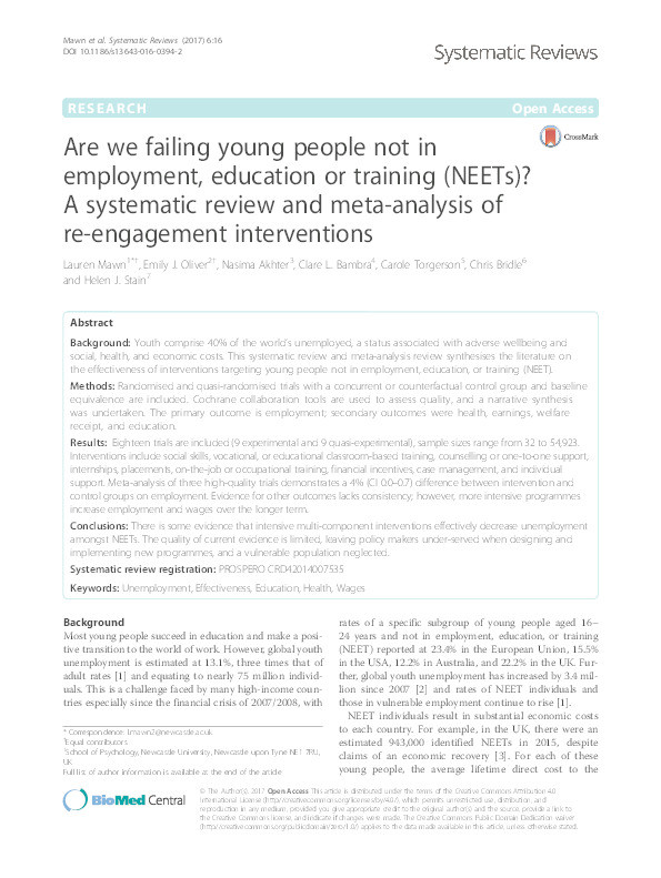 Are we failing young people not in employment, education or training (NEETs)? A systematic review and meta-analysis of re-engagement interventions Thumbnail